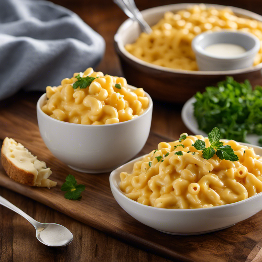 An image showcasing a creamy, golden bowl of mac and cheese, where a pat of butter is being playfully replaced by a dollop of velvety Greek yogurt, adding a tangy twist to the classic comfort dish