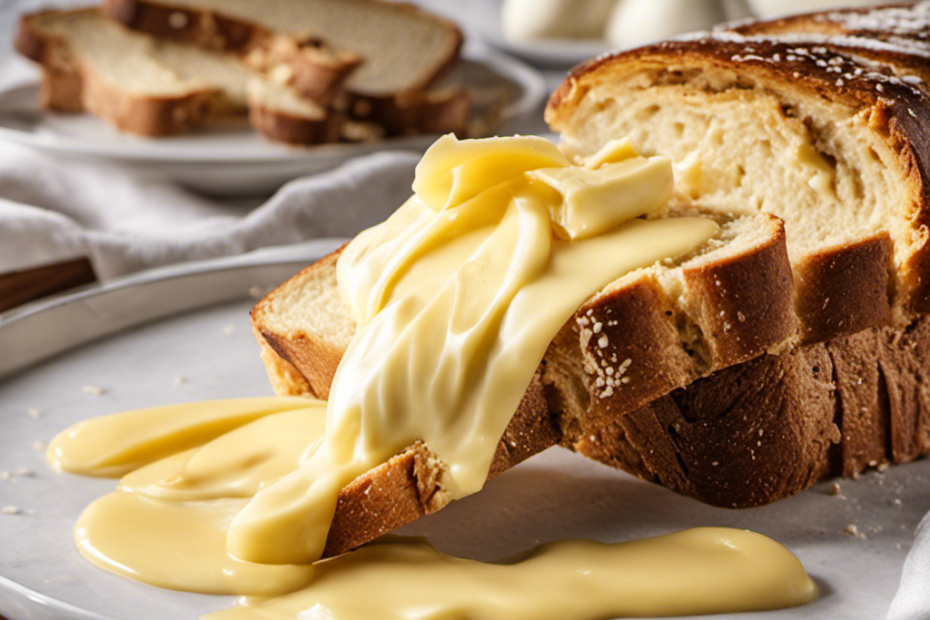 An image featuring a close-up view of a freshly sliced, creamy yellow butter melting onto a toasted slice of bread, capturing the richness and warmth of its golden hue