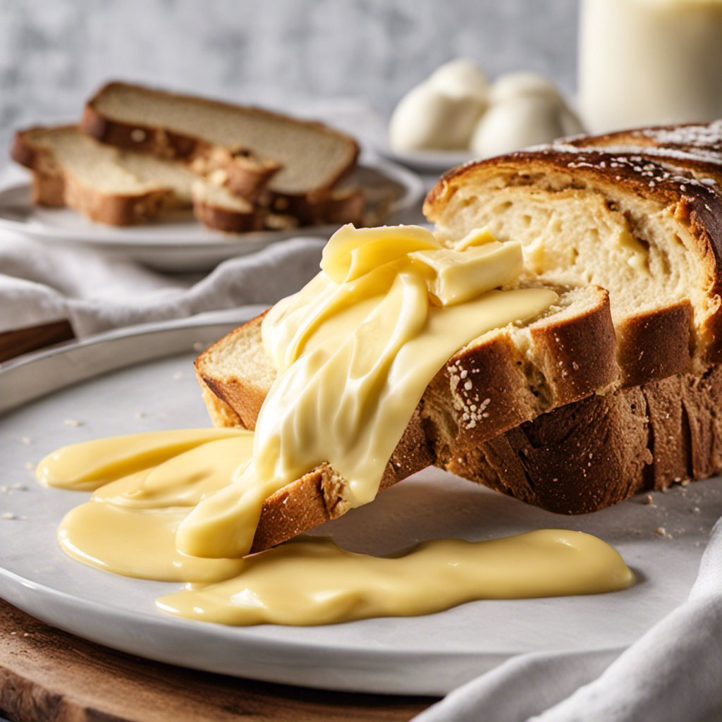 An image featuring a close-up view of a freshly sliced, creamy yellow butter melting onto a toasted slice of bread, capturing the richness and warmth of its golden hue