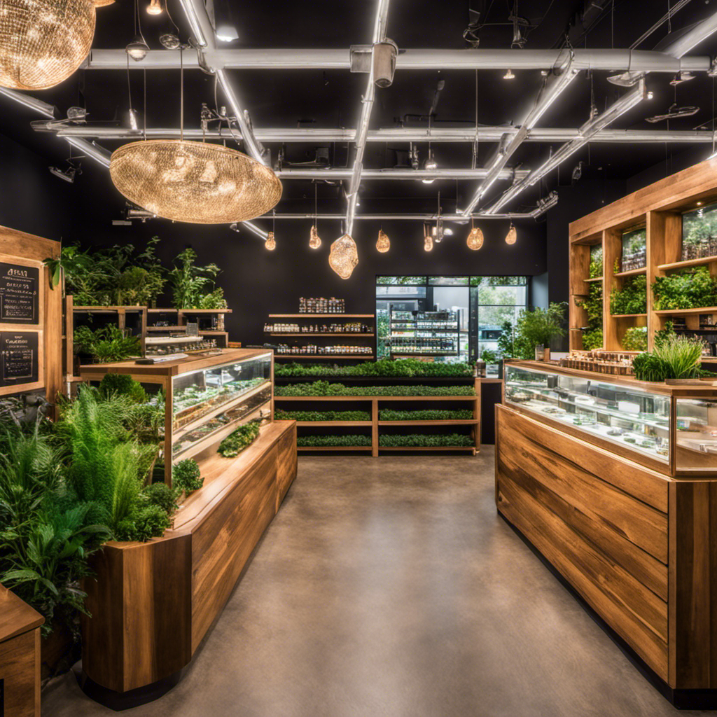 An image that showcases a vibrant dispensary in Bend, Oregon, adorned with lush greenery and an extensive display of Magical Butter Makers