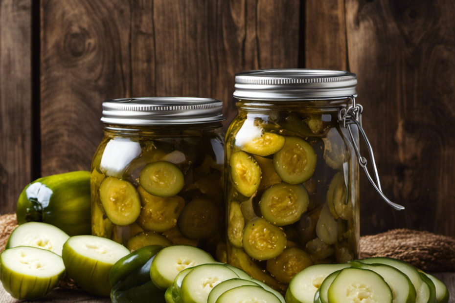 An image showcasing a vibrant jar of bread and butter pickles against a rustic wooden backdrop