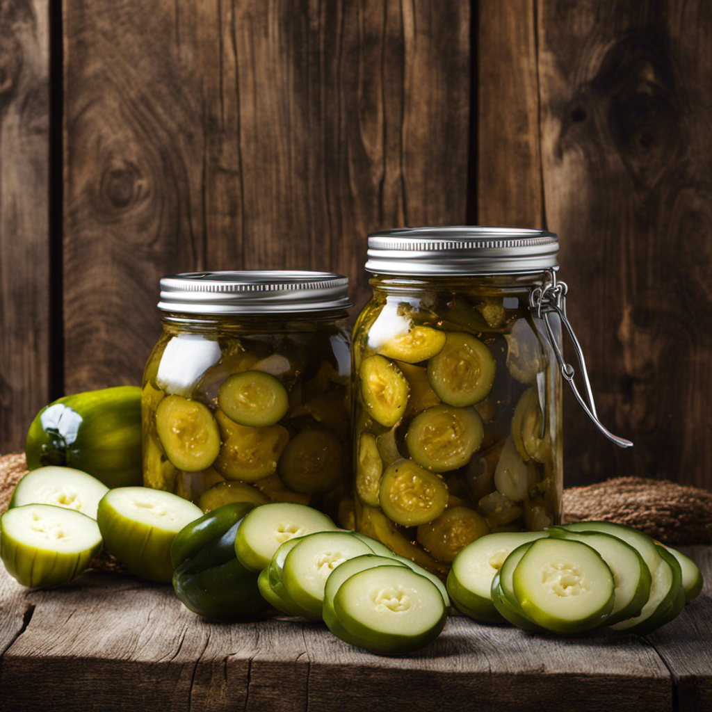 An image showcasing a vibrant jar of bread and butter pickles against a rustic wooden backdrop