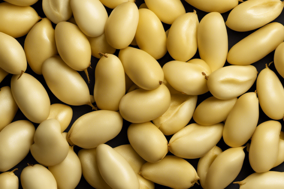 An image capturing the essence of butter beans: a close-up of plump, pale yellow pods with a velvety texture, gently split open to reveal tender, creamy beans nestled inside, their smooth surface illuminated by a soft, natural light