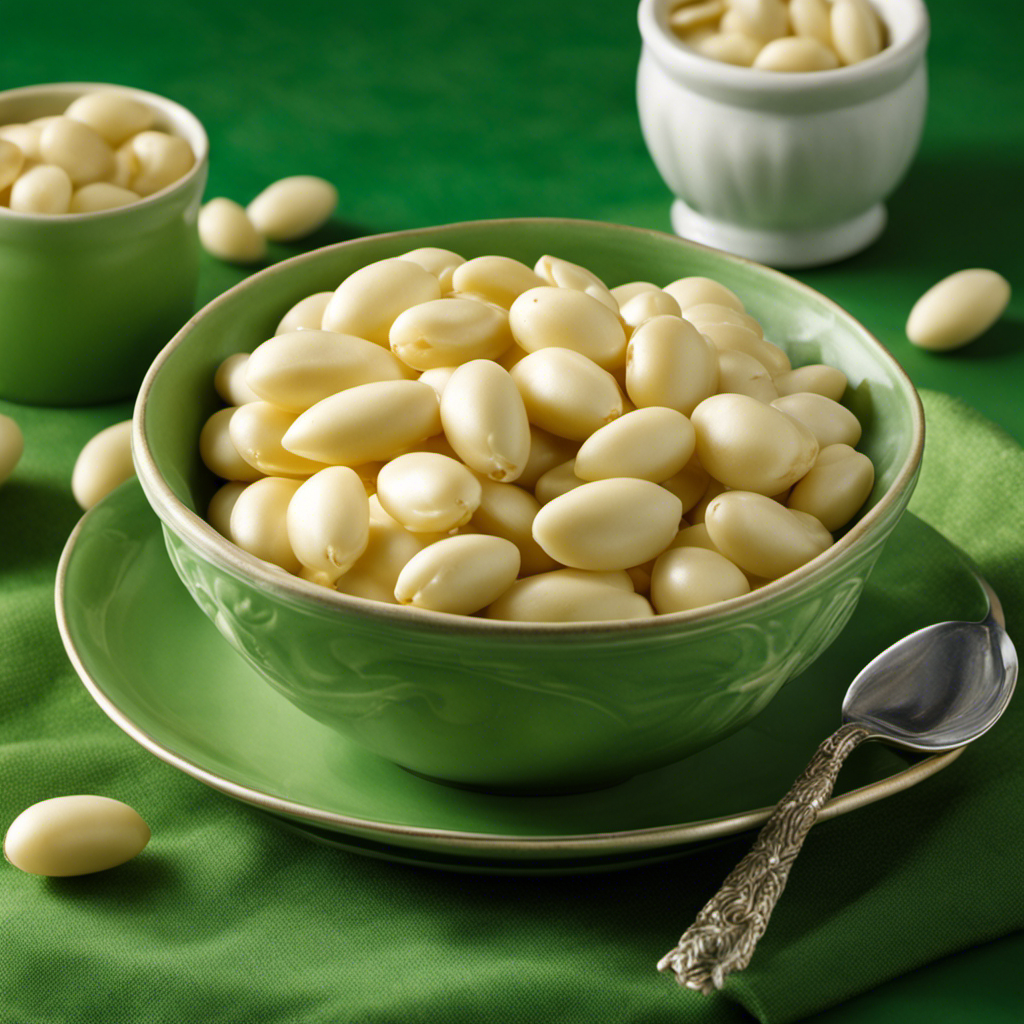 An image showcasing a close-up view of a plate filled with butter beans, their creamy ivory color contrasting against a vibrant green background