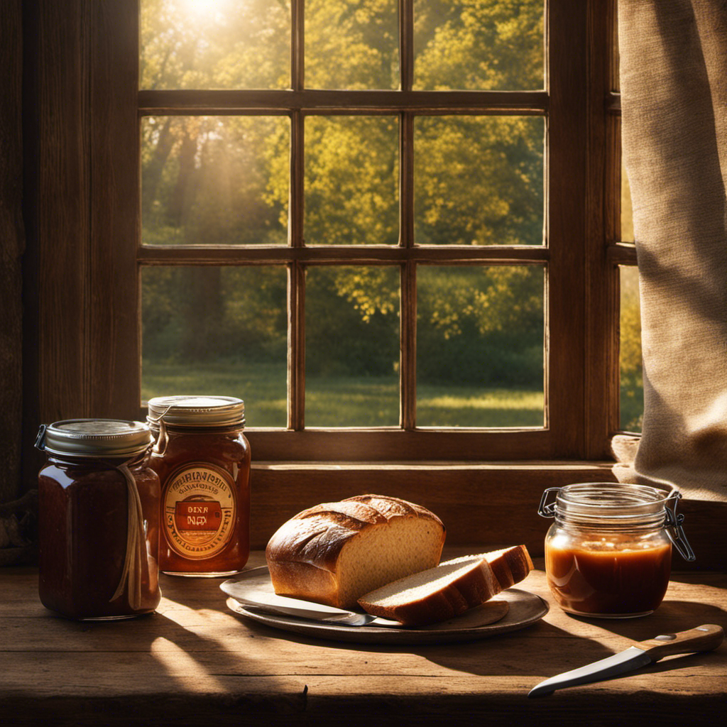 An image showcasing a rustic wooden table adorned with a fresh loaf of bread, a jar of homemade apple butter, and a spreading knife