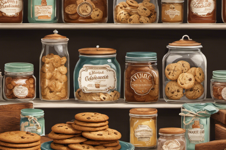 An image showcasing a whimsical scene of a vintage kitchen with a wooden countertop adorned with jars of cookie butter