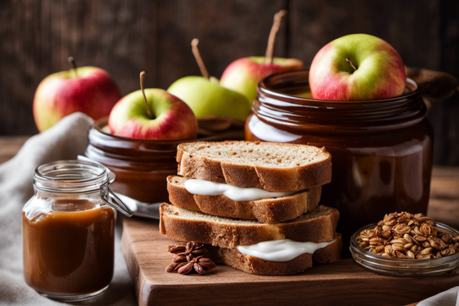 An image depicting a rustic wooden table adorned with a jar of silky apple butter, surrounded by a stack of freshly toasted cinnamon-infused bread, a dollop of creamy yogurt, and a bowl of crunchy granola