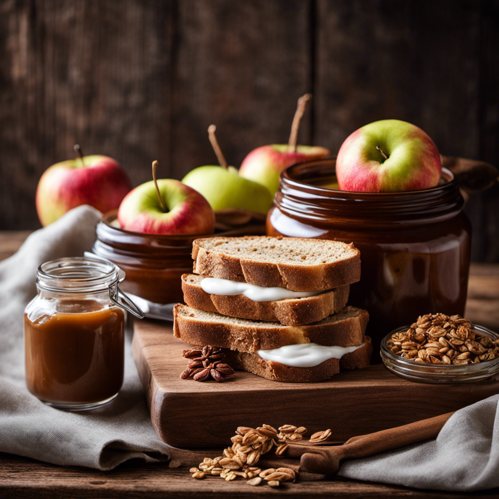 An image depicting a rustic wooden table adorned with a jar of silky apple butter, surrounded by a stack of freshly toasted cinnamon-infused bread, a dollop of creamy yogurt, and a bowl of crunchy granola