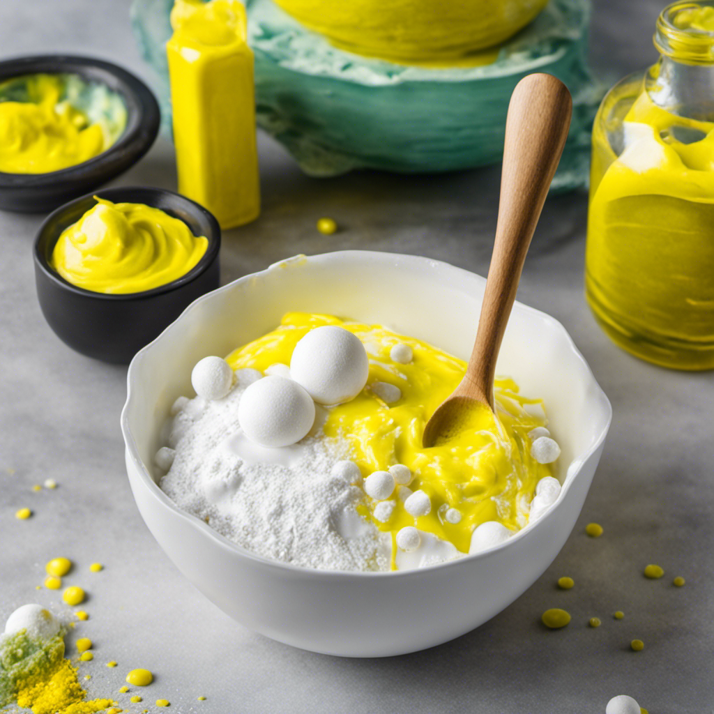 An image showcasing a bowl filled with white glue, cornstarch, baby oil, and a container of yellow food coloring