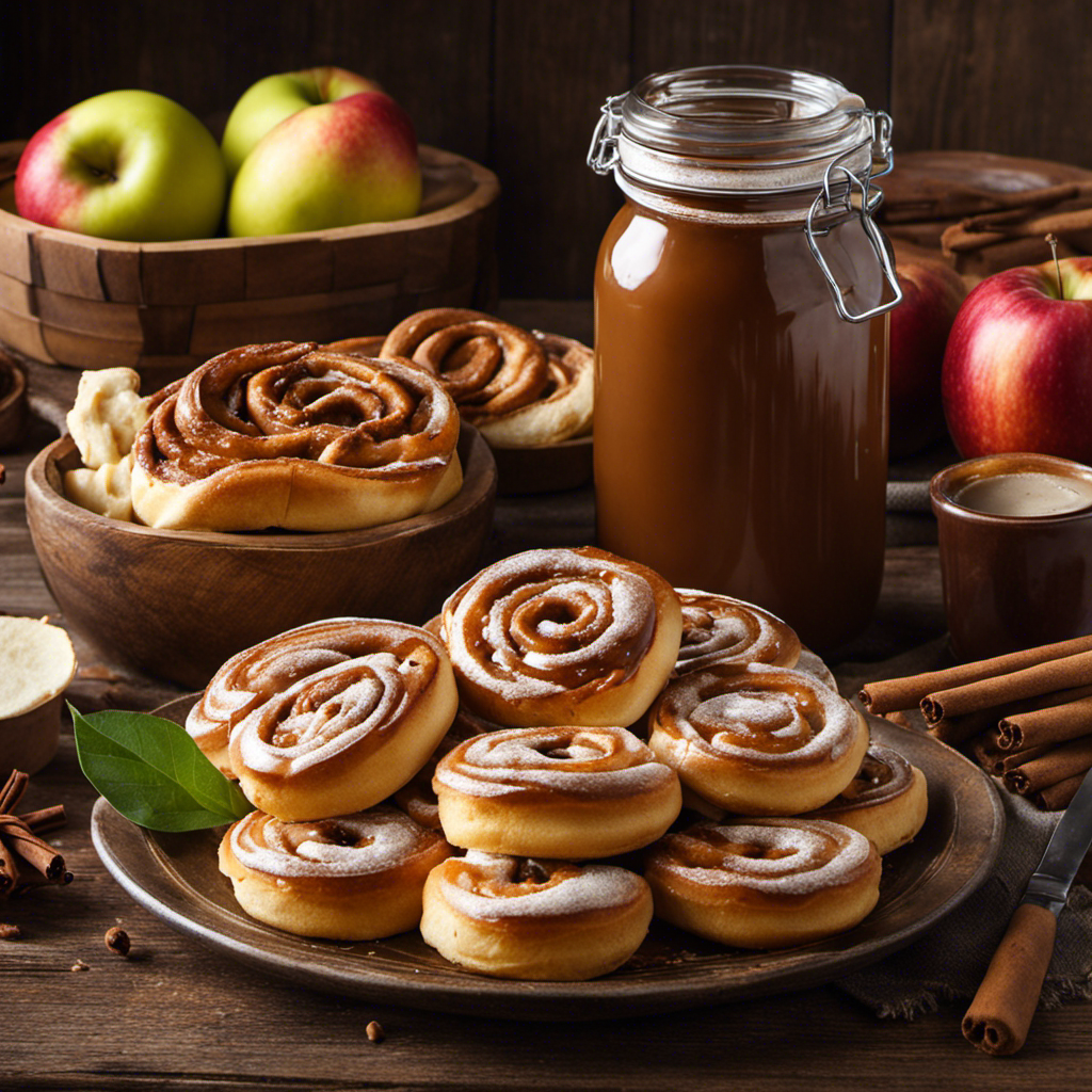 An image showcasing a rustic wooden table adorned with a jar of luscious apple butter, surrounded by a spread of warm, freshly baked cinnamon rolls, toasted bagels, crisp waffles, and golden pancakes