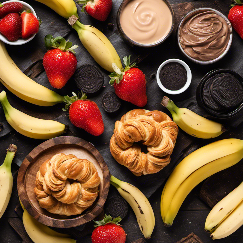 An image with a rustic wooden cutting board showcasing a thick layer of creamy cookie butter spread on a freshly baked croissant, surrounded by a colorful array of sliced bananas, strawberries, and crushed Oreos