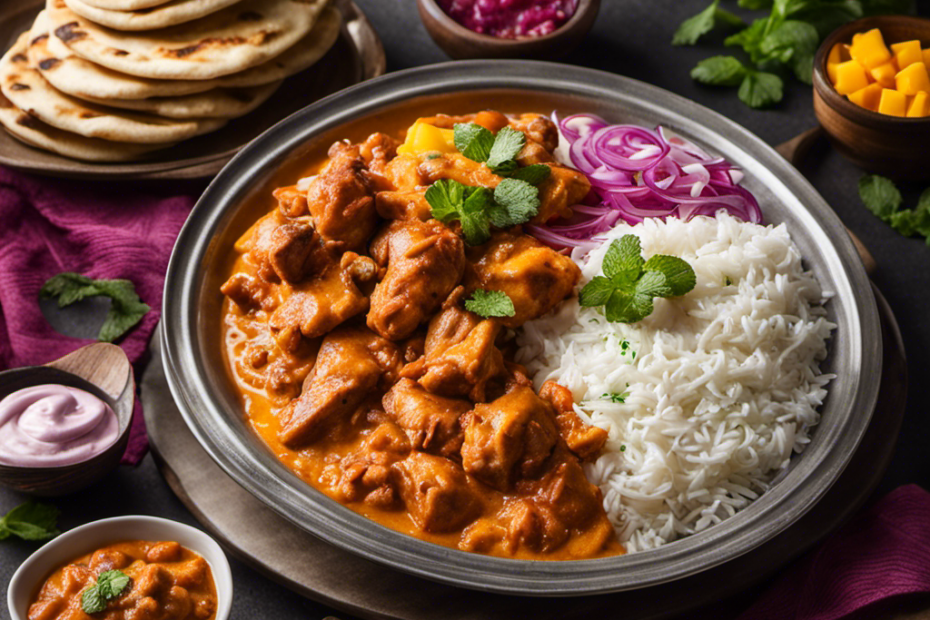 An image showcasing a vibrant plate with a generous serving of aromatic butter chicken, accompanied by fluffy basmati rice, warm buttery naan bread, a dollop of cooling mint yogurt, and a colorful medley of pickled onions and tangy mango chutney