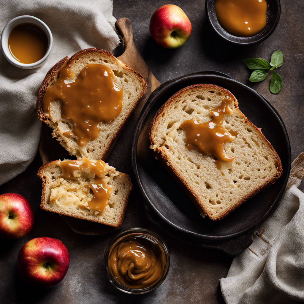An image showcasing a warm, crusty slice of freshly baked bread, generously slathered with velvety apple butter
