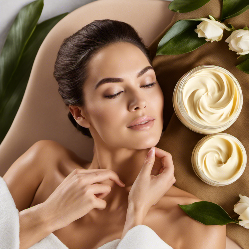 An image featuring a pair of soft, supple hands gently massaging a dollop of luxurious body butter onto radiant, moisturized skin, showcasing its nourishing properties and promoting a healthy, glowing complexion