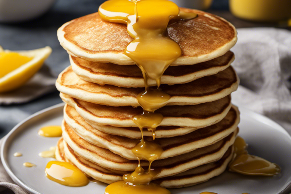 An image showcasing a golden dollop of clarified butter melting over a stack of fluffy pancakes, while a drizzle of it cascades down the sides, evoking a mouthwatering indulgence