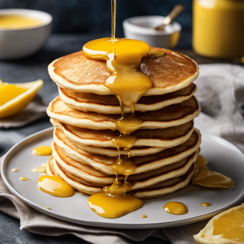 An image showcasing a golden dollop of clarified butter melting over a stack of fluffy pancakes, while a drizzle of it cascades down the sides, evoking a mouthwatering indulgence