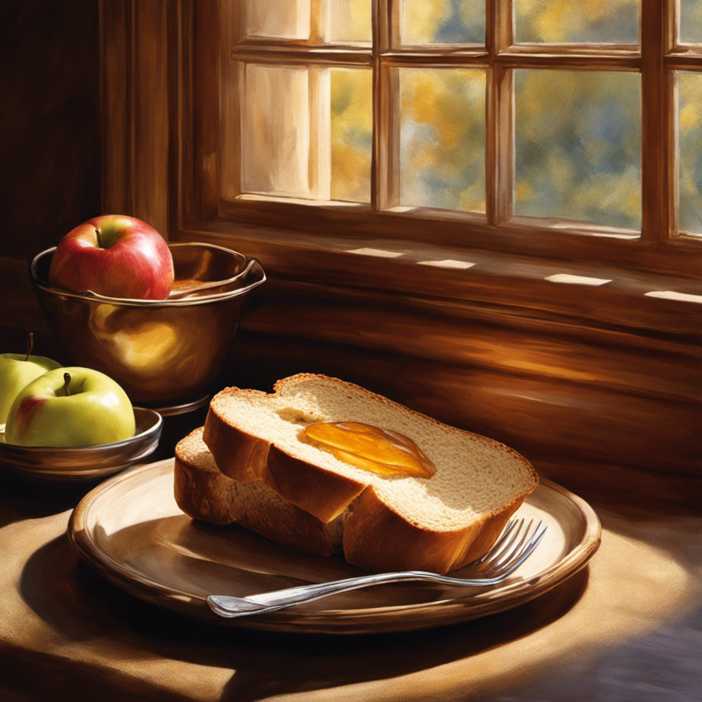 An image showcasing a slice of freshly baked bread smeared with a velvety, deep amber spread of apple butter