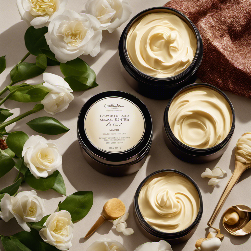 An image of a pair of hands gently massaging luxurious body butter onto smooth skin, showcasing the rich, creamy texture melting into the pores, leaving a radiant and nourished glow