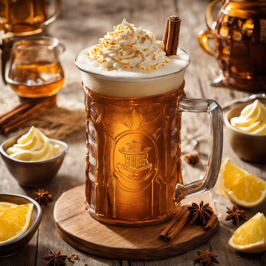 An image capturing the essence of butter beer: a frothy golden beverage served in a rustic wooden tankard, adorned with creamy swirls and topped with a sprinkle of warm cinnamon, evoking a sense of sweet nostalgia