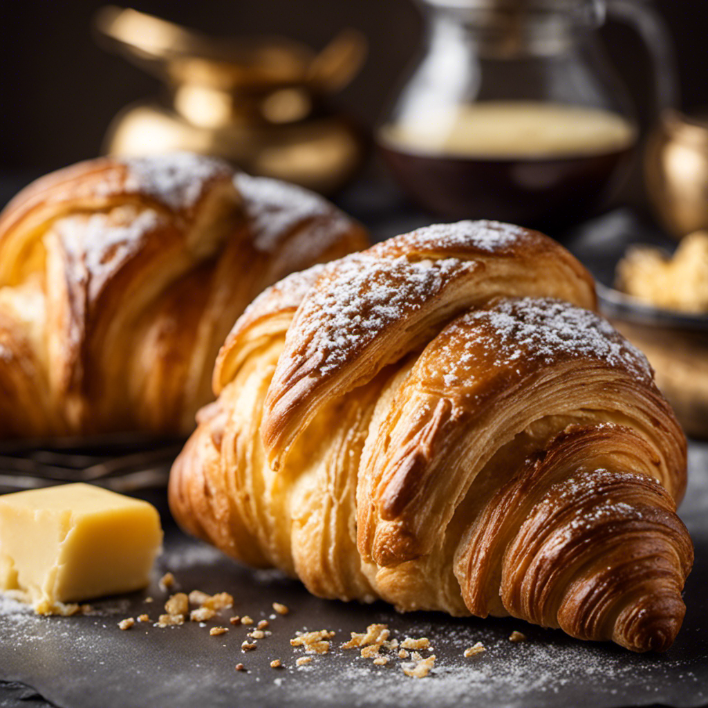 An image showcasing a close-up of a freshly baked golden croissant, its flaky layers glistening with a buttery sheen