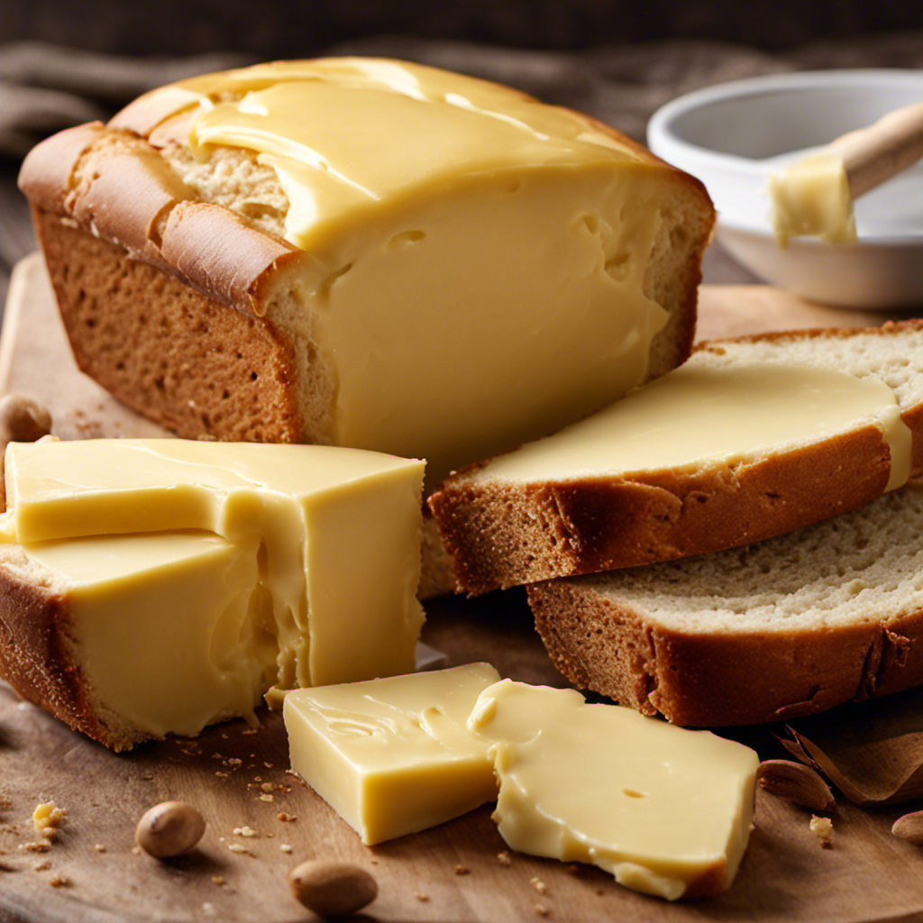 An image of a close-up shot capturing a golden, creamy stick of butter, gently melting on a warm slice of freshly baked bread