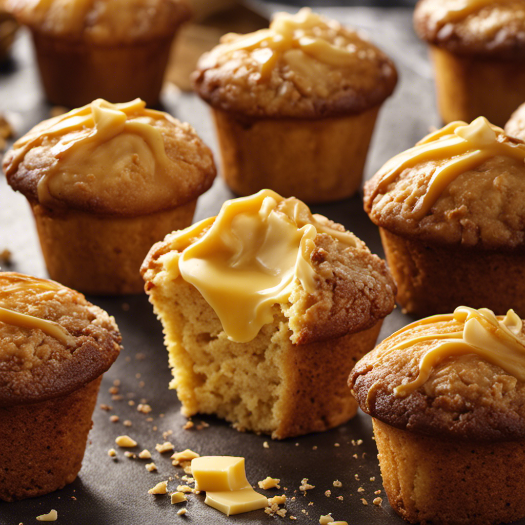 An image featuring a freshly baked golden muffin, perfectly split open, with a rich dollop of creamy butter slowly melting atop its warm crumbly surface