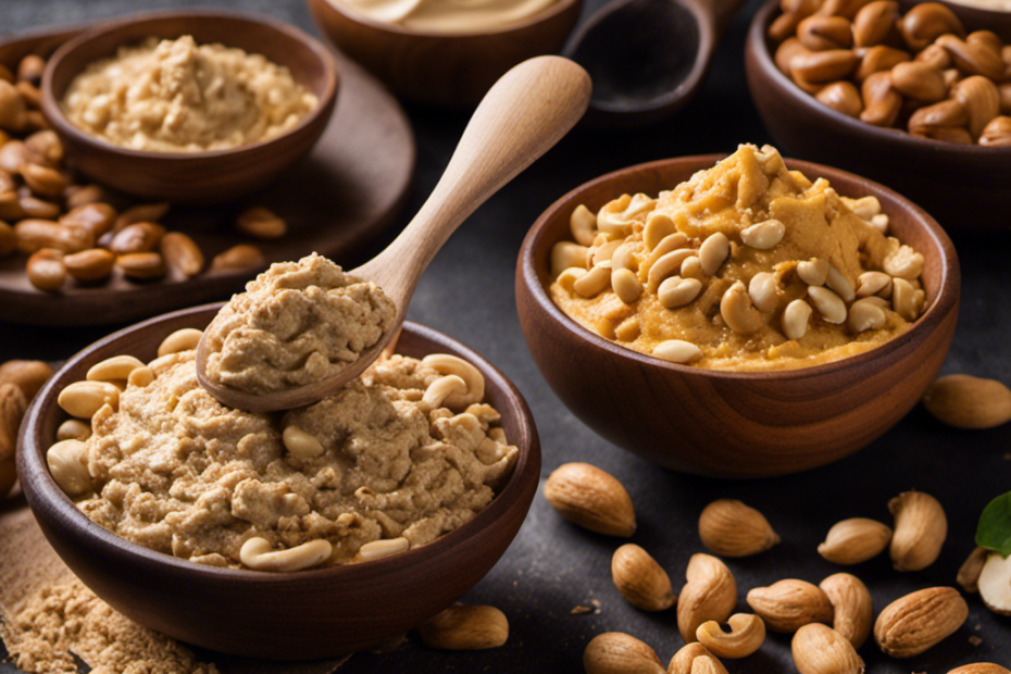 An image showcasing a rustic wooden spoon, delicately smeared with creamy cashew butter, surrounded by a vibrant assortment of crushed cashews, hinting at the rich, nutty flavor that awaits
