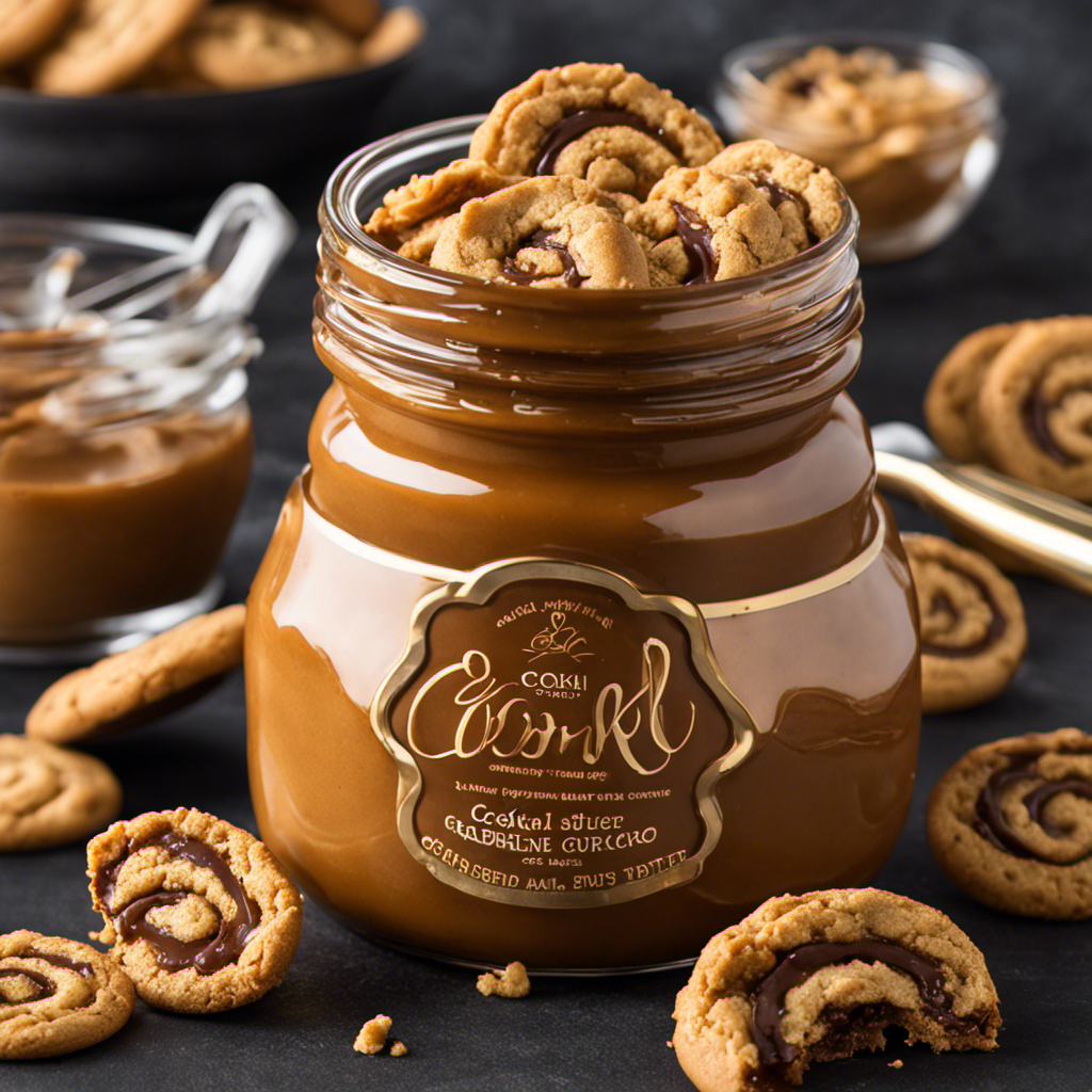 An image depicting a golden jar of cookie butter, overflowing with creamy, caramel-colored swirls