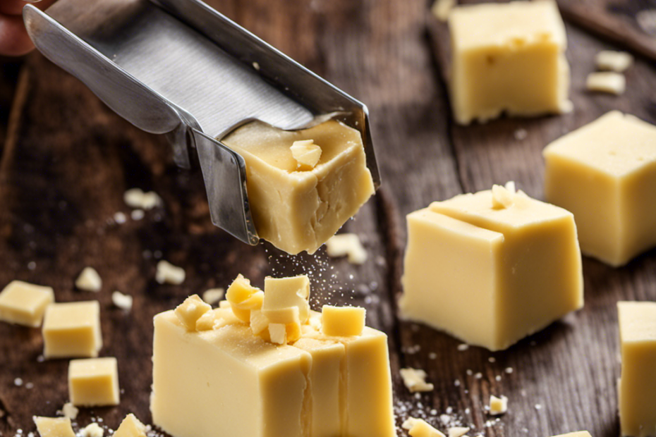 An image capturing the process of cutting cold butter into small cubes with a pastry cutter on a wooden surface