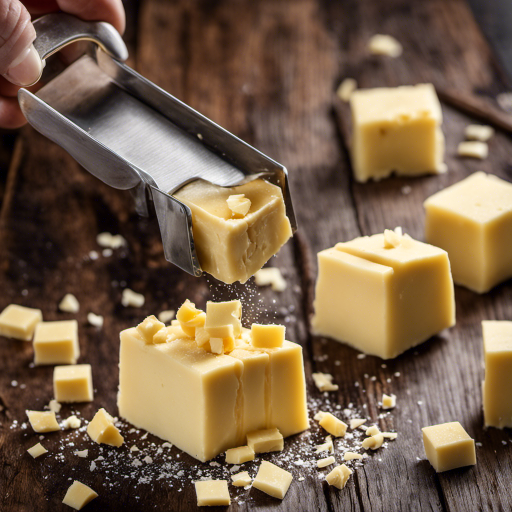 An image capturing the process of cutting cold butter into small cubes with a pastry cutter on a wooden surface