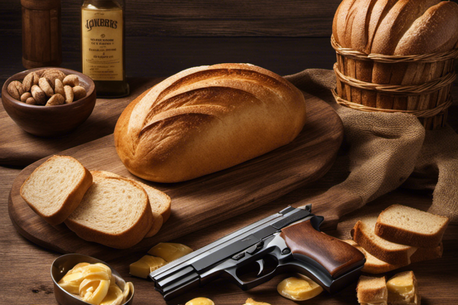 An image depicting a scale with a loaf of bread (buttered and sliced) on one side and a pistol on the other, symbolizing the economic concept of "guns and butter