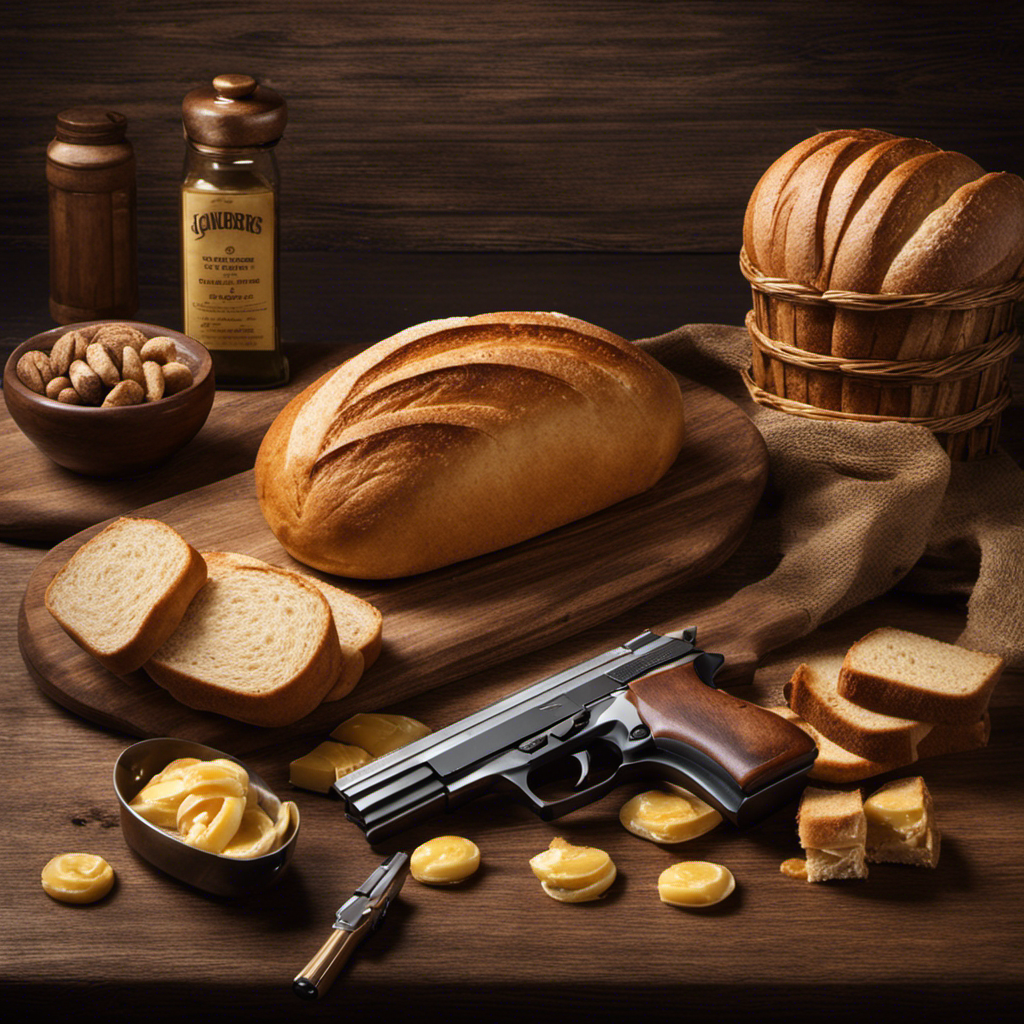 An image depicting a scale with a loaf of bread (buttered and sliced) on one side and a pistol on the other, symbolizing the economic concept of "guns and butter