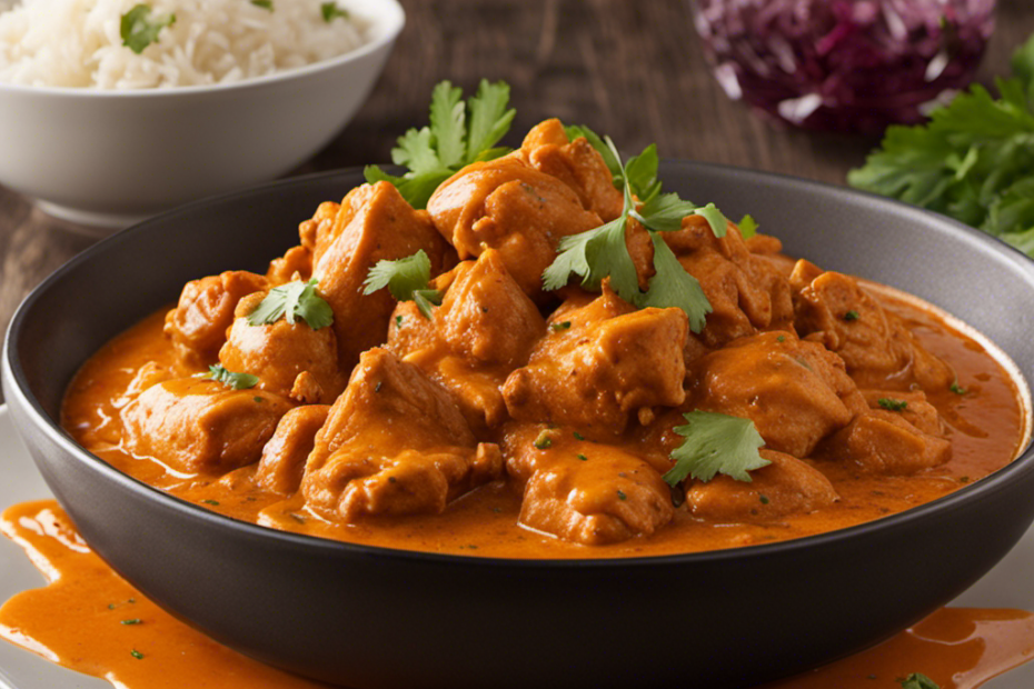 An image that showcases the rich, creamy texture of Indian Butter Chicken, with tender chunks of marinated chicken, immersed in a vibrant orange sauce, infused with a medley of aromatic spices