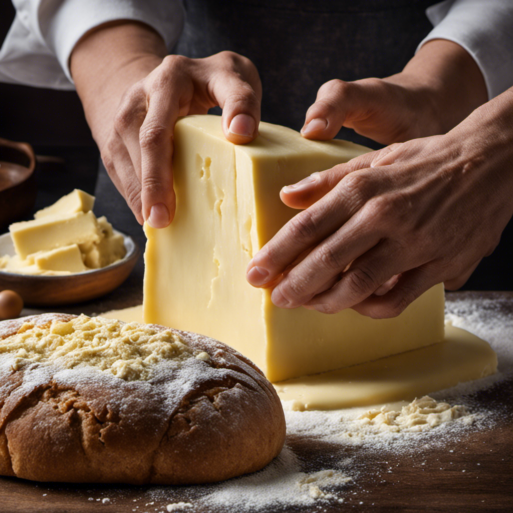 An image capturing the delicate art of cutting in butter: a pair of hands gently kneading flour and butter together, fingers gracefully working the mixture into a crumbly texture