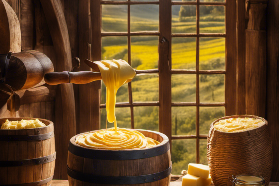 An image showcasing the intricate art of butter making: a skilled artisan churning fresh cream in a wooden barrel, sunlight streaming through a rustic window, highlighting the swirling golden butter