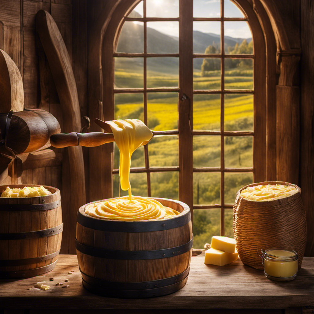 An image showcasing the intricate art of butter making: a skilled artisan churning fresh cream in a wooden barrel, sunlight streaming through a rustic window, highlighting the swirling golden butter