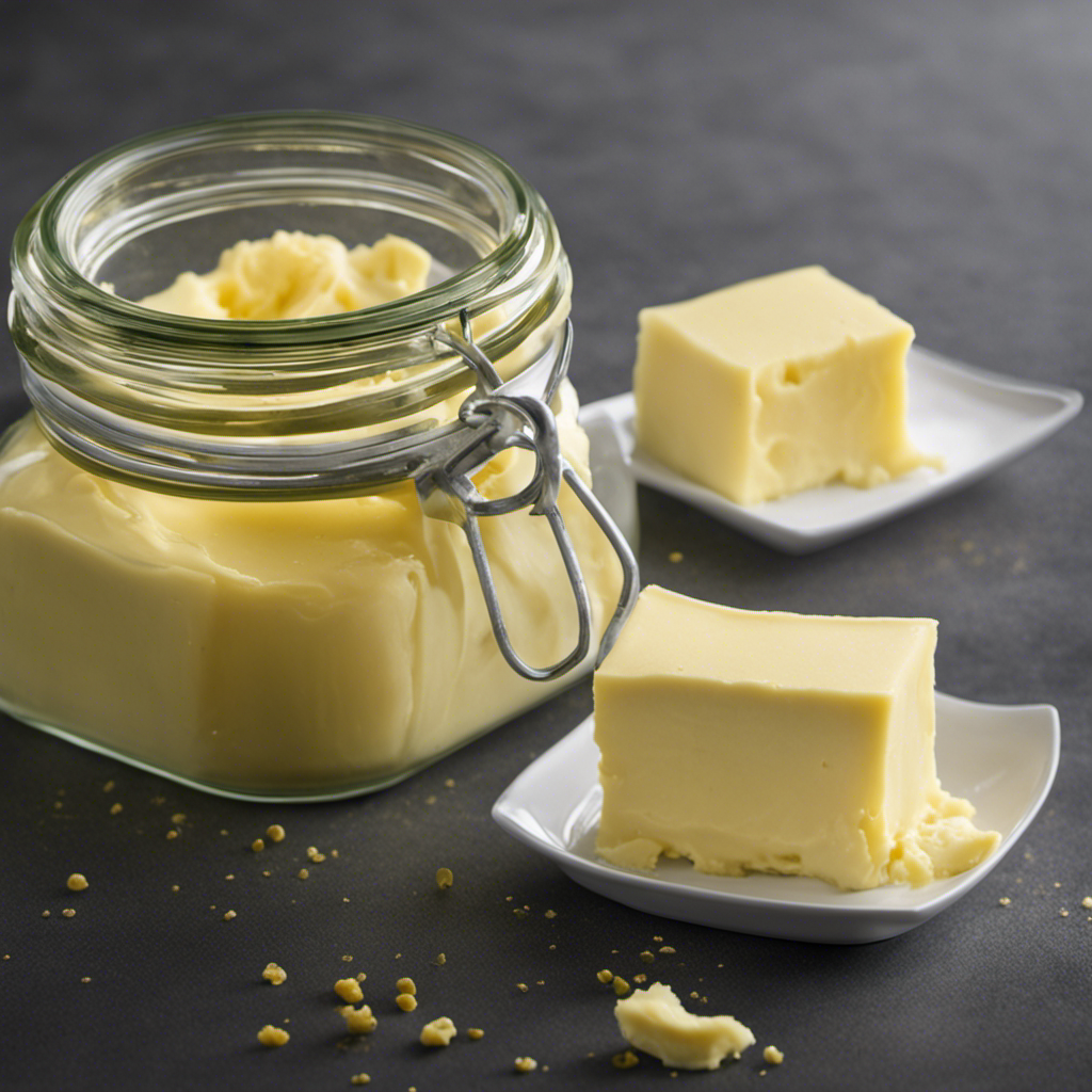 An image capturing a close-up of a clear glass jar with yellowish, lumpy butter