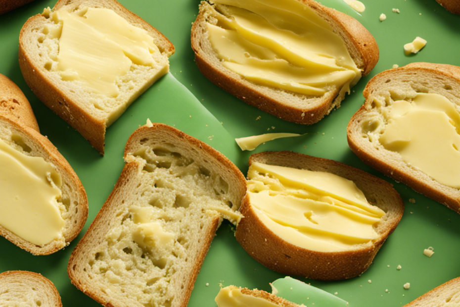 An image featuring a close-up of a slice of bread smeared with yellowish-green, lumpy, and grainy butter