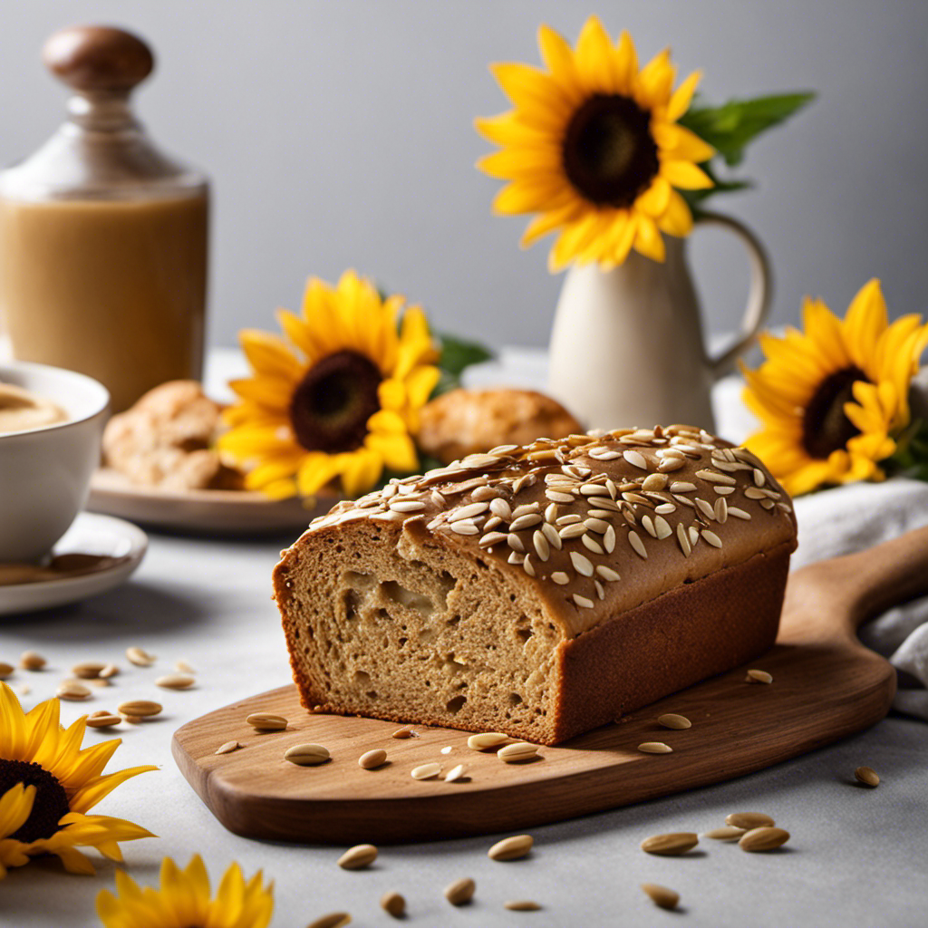 An image showcasing a slice of warm, freshly baked bread smeared with creamy sunflower butter