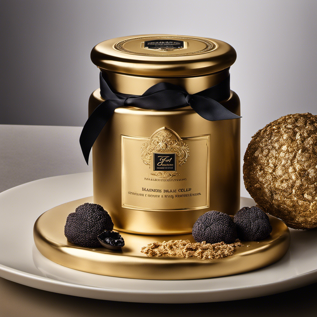 An image showcasing a luxurious gold-hued jar, filled with a rich, creamy spread, adorned with finely chopped black truffles