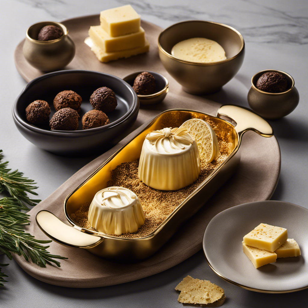 An image showcasing a delicate golden butter dish, adorned with aromatic slices of fresh truffles