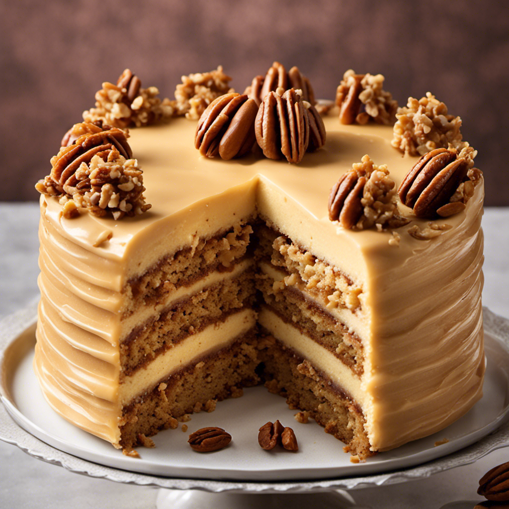 An image showcasing a luscious slice of golden butter pecan cake, adorned with a generous layer of velvety caramel-infused frosting