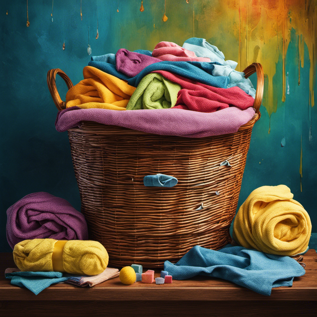 An image showcasing a colorful laundry basket filled with clothes stained by butter