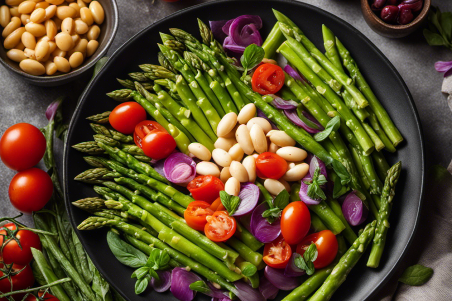 An image showcasing a vibrant plate filled with creamy butter beans, surrounded by an assortment of colorful vegetables like crisp green asparagus spears, juicy red cherry tomatoes, and aromatic purple basil leaves
