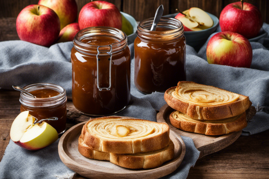 A vibrant image showcasing a rustic wooden table adorned with a jar of homemade apple butter, surrounded by a spread of warm golden toast slices, flaky croissants, and a bowl of freshly picked apples