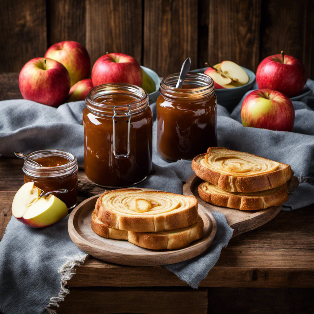 A vibrant image showcasing a rustic wooden table adorned with a jar of homemade apple butter, surrounded by a spread of warm golden toast slices, flaky croissants, and a bowl of freshly picked apples