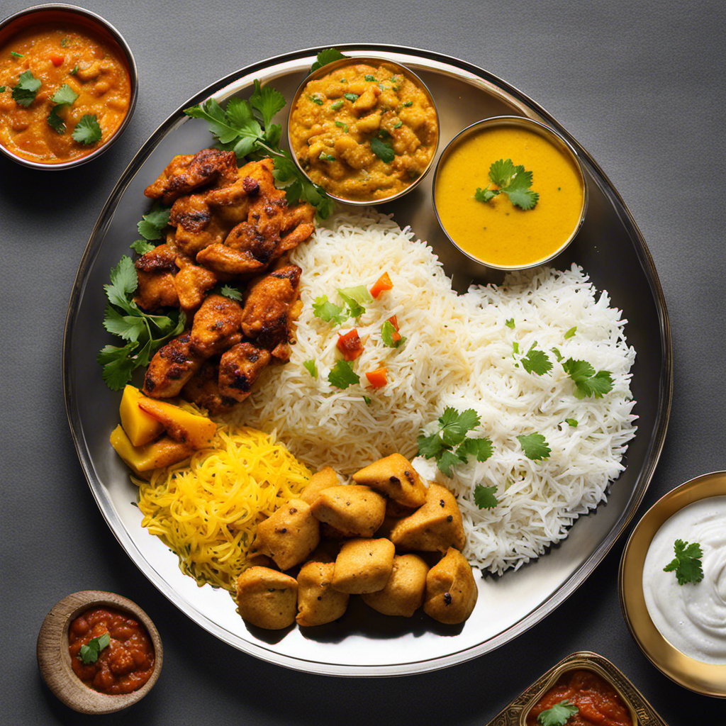An image showcasing a golden platter adorned with aromatic basmati rice, velvety butter chicken, and a vibrant medley of fragrant naan bread, cooling raita, and tangy mango chutney