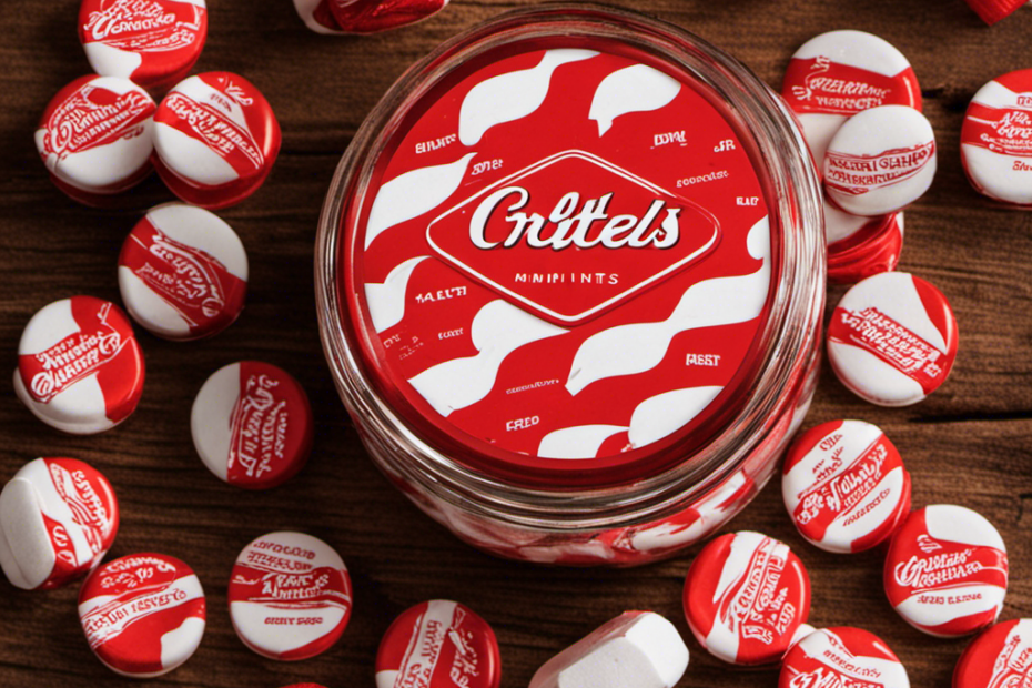 An image showcasing a nostalgic glass jar of Kraft Butter Mints, adorned with the iconic red and white branding, sitting on a rustic wooden surface, surrounded by a scattering of individually wrapped mints