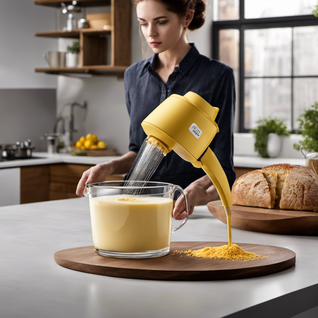 An image showcasing the Biem Butter Sprayer in a kitchen setting with a perplexed user observing it, emphasizing its absence of use and gathering dust, highlighting the mystery surrounding its disappearance