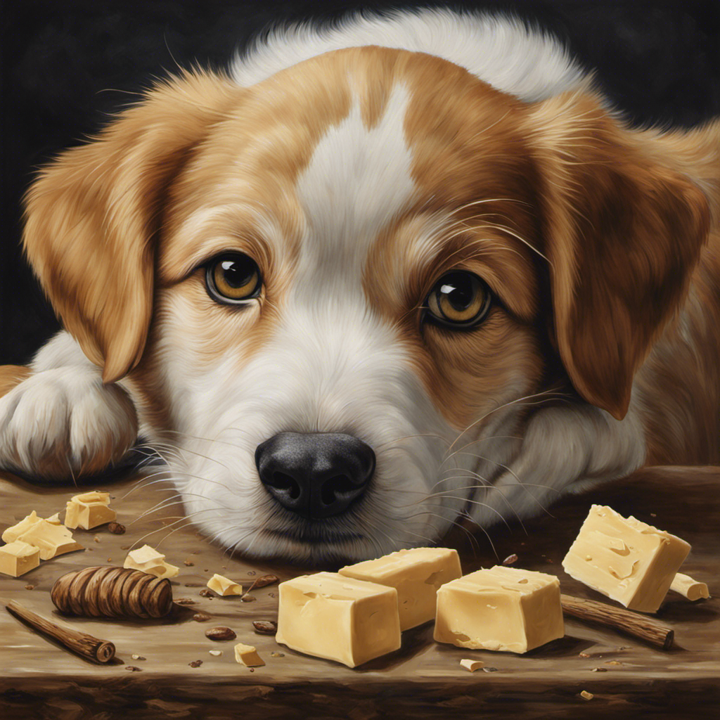 An image capturing a mischievous dog with a guilty expression, surrounded by the remnants of a stick of butter